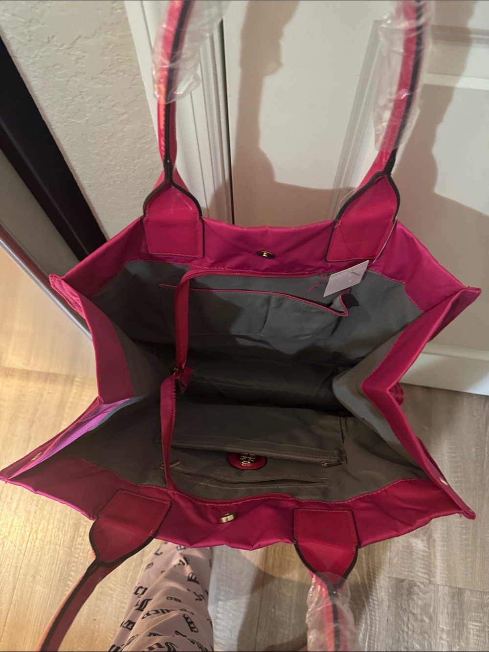 TB Vibrant Pink Logo Tote with Patent Accents - Picture 5 of 5